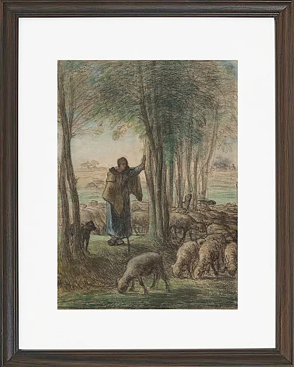 Jean-François Millet – Eine Hirtin und ihre Herde im Schatten der Bäume 1854 | Giclée Kunstdruck gerahmt