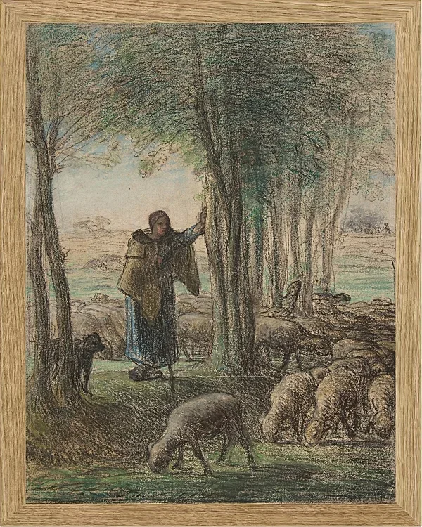 Jean-François Millet – Eine Hirtin und ihre Herde im Schatten der Bäume 1854 | Giclée Kunstdruck gerahmt