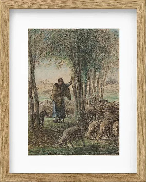 Jean-François Millet – Eine Hirtin und ihre Herde im Schatten der Bäume 1854 | Giclée Kunstdruck gerahmt