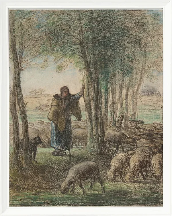 Jean-François Millet – Eine Hirtin und ihre Herde im Schatten der Bäume 1854 | Giclée Kunstdruck gerahmt