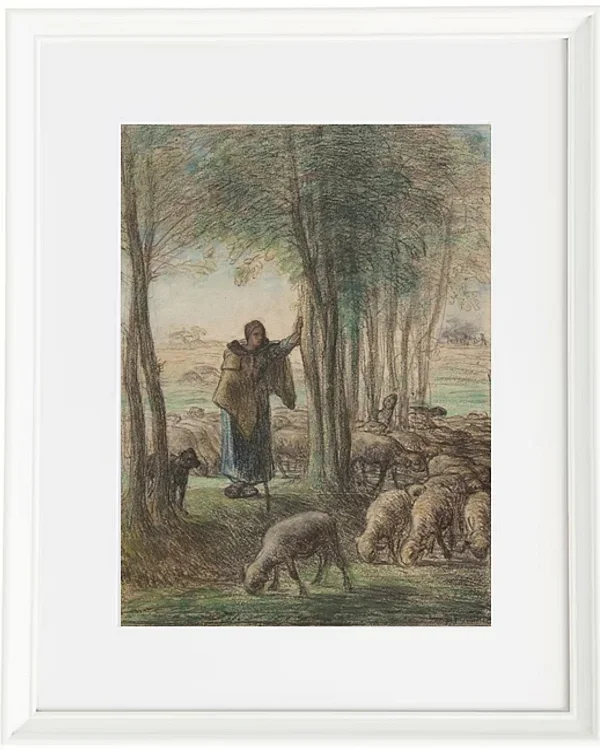 Jean-François Millet – Eine Hirtin und ihre Herde im Schatten der Bäume 1854 | Giclée Kunstdruck gerahmt