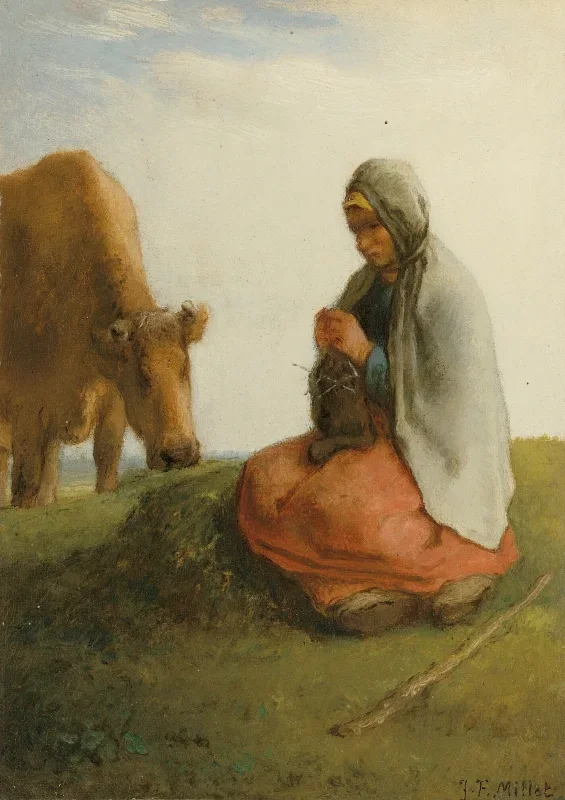 Jean-François Millet | En hyrdinde, der strikker – 1866 | Indrammet kunsttryk | Realisme