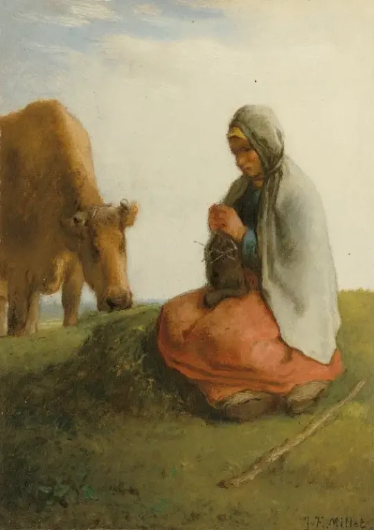 Jean-François Millet | En hyrdinde, der strikker – 1866 | Indrammet kunsttryk | Realisme