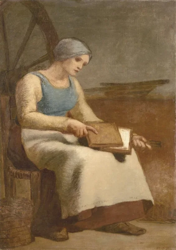 Jean-François Millet | Kvinde, der kæmmer uld – 1856 | Indrammet kunsttryk | Realisme