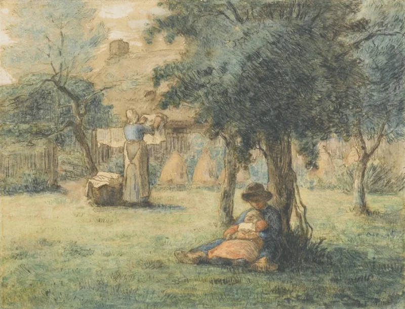 Jean-François Millet – Frau hängt ihre Wäsche auf 1853 | Giclée Kunstdruck gerahmt