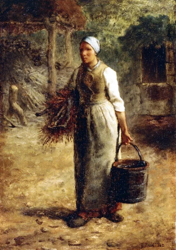 Jean-François Millet | Kvinde, der bærer brænde og en spand – 1860 | Indrammet kunsttryk | Realisme