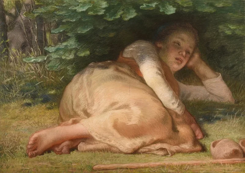 Jean-François Millet | Hyrdinde sover i skyggen af ​​et egetræ - 1874 | Indrammet kunsttryk | Realisme