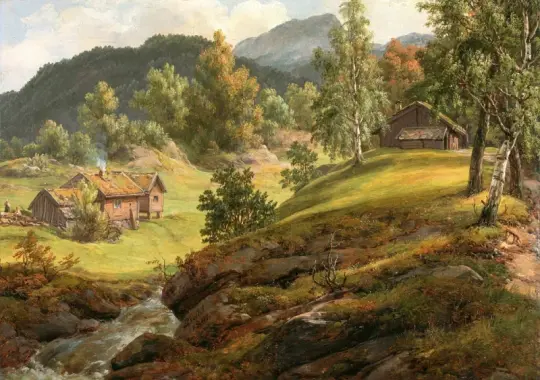 Johan Christian Dahl | Bauernhof in Lysekloster - 1841 | Gerahmter Kunstdruck | Romantik | formida