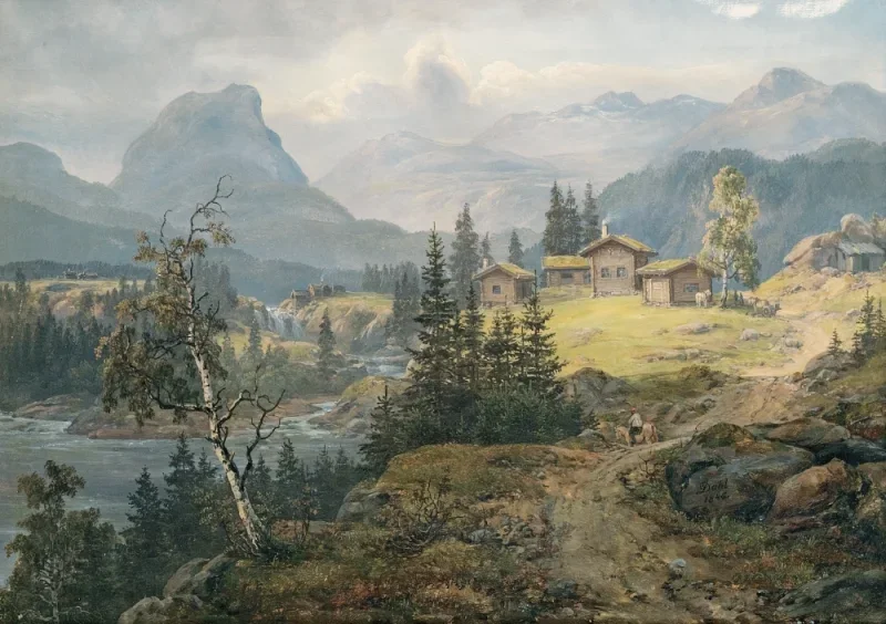 Johan Christian Dahl | Udsigt over Øylo Gård, Valdres - 1846 | Indrammet kunsttryk | Romantic | formida