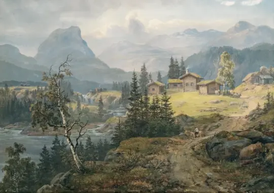 Johan Christian Dahl | Udsigt over Øylo Gård, Valdres - 1846 | Indrammet kunsttryk | Romantic | formida