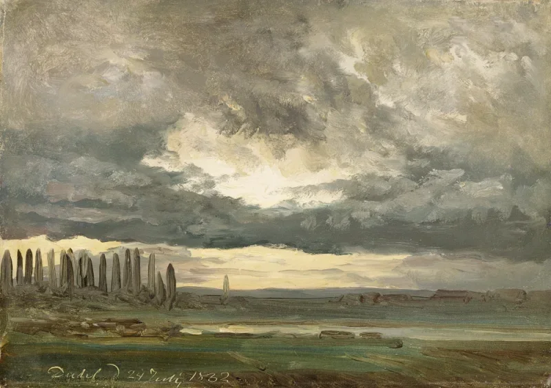 Johan Christian Dahl | Wolkenstudie über der Elbe mit Pappeln - 1832 | Gerahmter Kunstdruck | Romantik | formida