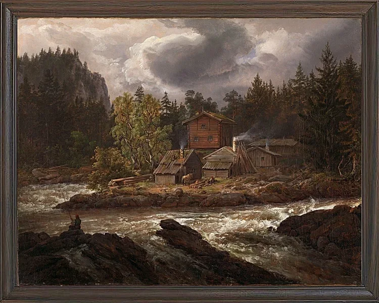 Johan Christian Dahl – Ansicht von Hønefossen  1847 | Giclée Kunstdruck gerahmt