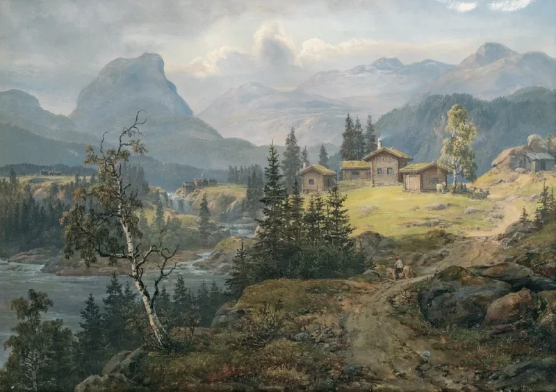 Johan Christian Dahl | Udsigt over Øylo Gård, Valdres - 1846 | Indrammet kunsttryk | Romantic | formida