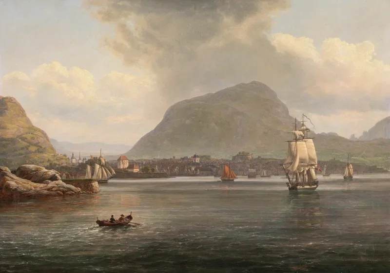 Johan Christian Dahl | Bergen von der nördlichen Bucht aus gesehen - 1836 | Gerahmter Kunstdruck | Romantik | formida
