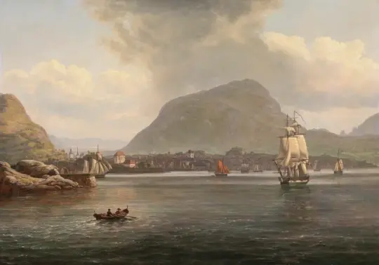 Johan Christian Dahl | Bergen von der nördlichen Bucht aus gesehen - 1836 | Gerahmter Kunstdruck | Romantik | formida