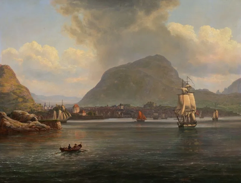 Johan Christian Dahl – Bergen von der nördlichen Bucht aus gesehen  1836 | Giclée Kunstdruck gerahmt