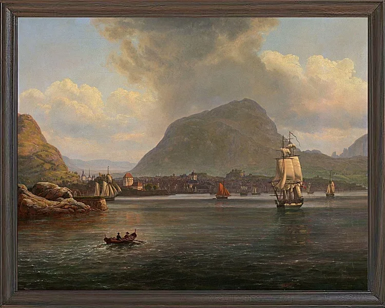 Johan Christian Dahl – Bergen von der nördlichen Bucht aus gesehen  1836 | Giclée Kunstdruck gerahmt