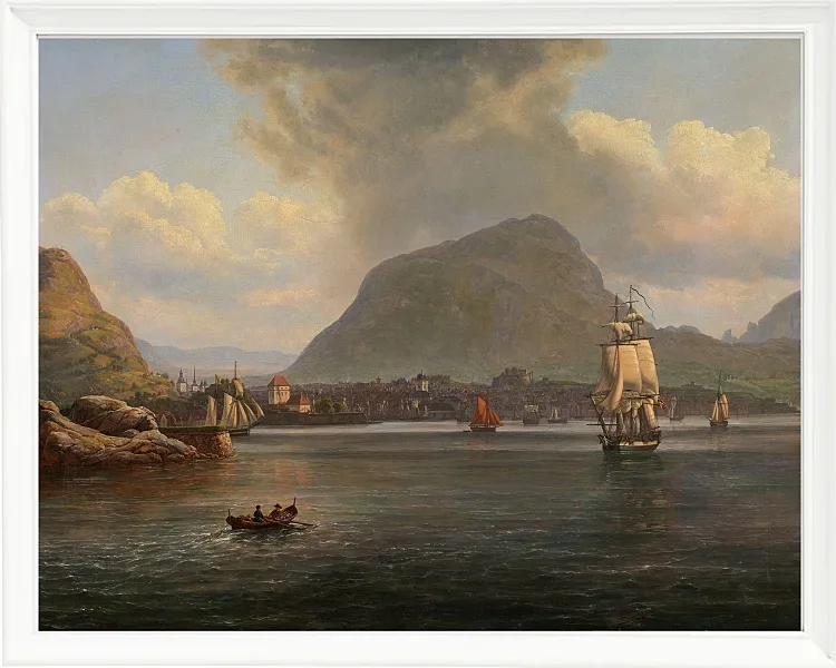 Johan Christian Dahl – Bergen von der nördlichen Bucht aus gesehen  1836 | Giclée Kunstdruck gerahmt