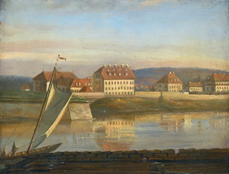 Johan Christian Dahl – Blick über die Elbe und die Kaserne  1818 | Giclée Kunstdruck gerahmt