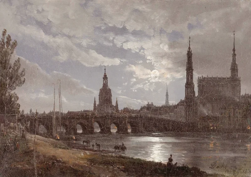 Johan Christian Dahl | Udsigt over Dresden i måneskin - 1838 | Indrammet kunsttryk | Romantic | formida