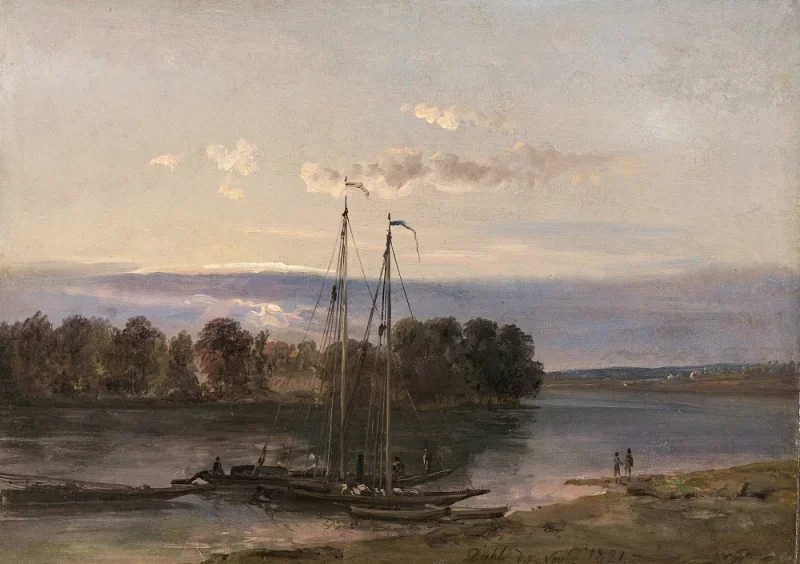 Johan Christian Dahl | Die Elbe bei Sonnenuntergang - 1821 | Gerahmter Kunstdruck | Romantik | formida
