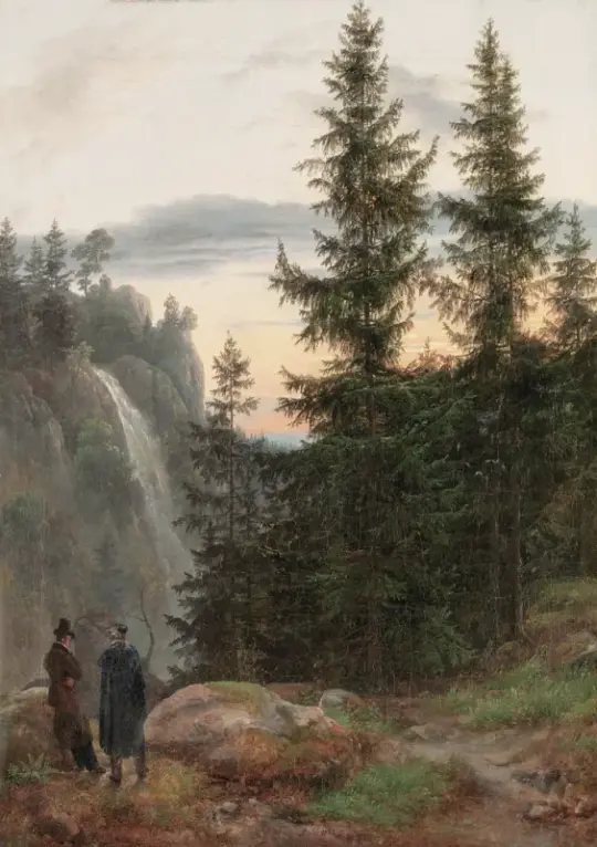 Johan Christian Dahl | To mænd foran et vandfald ved solnedgang - 1823 | Indrammet kunsttryk | Romantic | formida