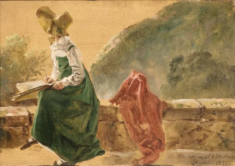 Johan Christian Dahl | Prinsesse Caroline Amalie tegner i Napoli - 1820 | Romantic | formida