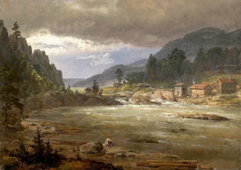 Johan Christian Dahl | Hellefossen bei Hokksund - 1847 | Gerahmter Kunstdruck | Romantik | formida