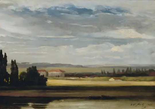 Johan Christian Dahl | Landskabsudsigt med høj overskyet himmel - 1828 | Indrammet kunsttryk | Romantic | formida