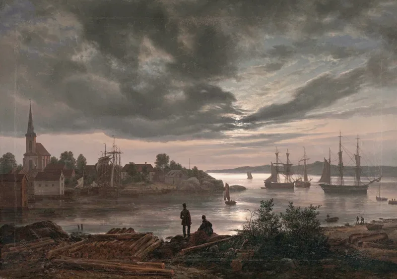 Johan Christian Dahl | Larvik i måneskin - 1839 | Indrammet kunsttryk | Romantic | formida