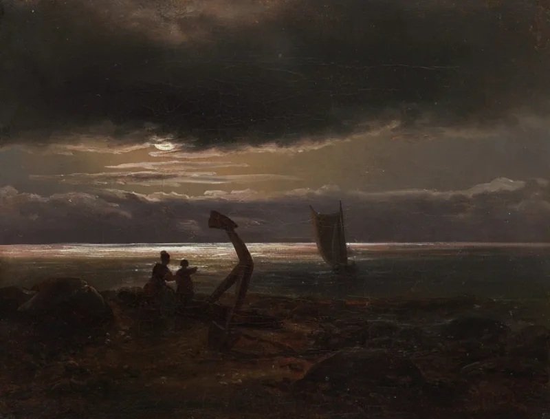 Johan Christian Dahl – Mutter und Kind am Meer  1830 | Giclée Kunstdruck gerahmt