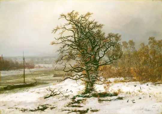 Johan Christian Dahl | Egetræ ved Elben om vinteren - 1853 | Romantic | formida