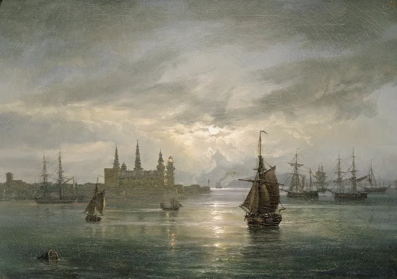 Johan Christian Dahl | Kronborg Slot i måneskin - 1849 | Indrammet kunsttryk | Romantic | formida