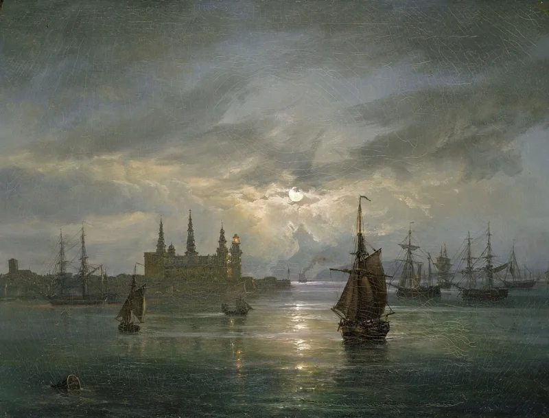 Johan Christian Dahl – Schloss Kronborg im Mondschein 1849 | Giclée Kunstdruck gerahmt