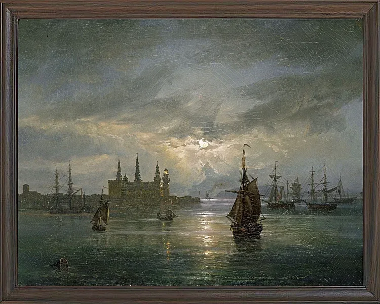 Johan Christian Dahl – Schloss Kronborg im Mondschein 1849 | Giclée Kunstdruck gerahmt