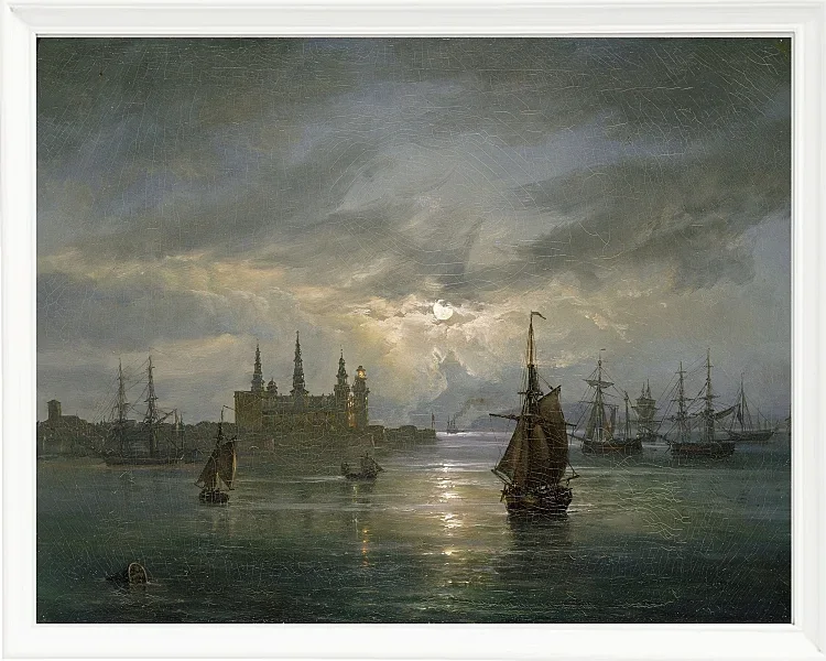 Johan Christian Dahl – Schloss Kronborg im Mondschein 1849 | Giclée Kunstdruck gerahmt