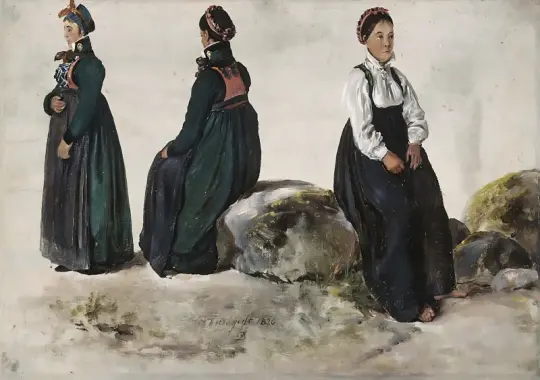 Johan Christian Dahl | Studier af kvindedragter fra Luster i Sogn - 1826 | Indrammet kunsttryk | Romantic | formida