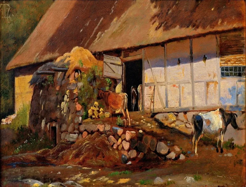 Johan Lundbye – Außerhalb des Kuhstalls 1847 | Giclée Kunstdruck gerahmt