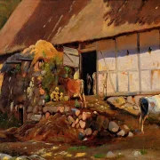 Johan Lundbye – Außerhalb des Kuhstalls 1847 | Giclée Kunstdruck gerahmt