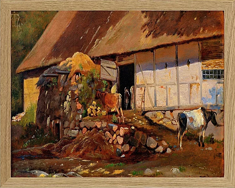 Johan Lundbye – Außerhalb des Kuhstalls 1847 | Giclée Kunstdruck gerahmt