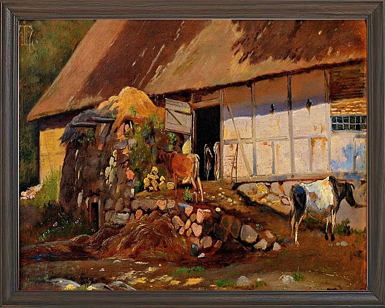 Johan Lundbye – Außerhalb des Kuhstalls 1847 | Giclée Kunstdruck gerahmt