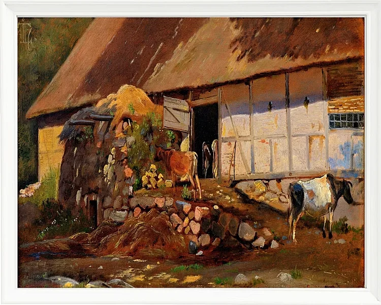 Johan Lundbye – Außerhalb des Kuhstalls 1847 | Giclée Kunstdruck gerahmt