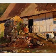 Johan Lundbye – Außerhalb des Kuhstalls 1847 | Giclée Kunstdruck gerahmt