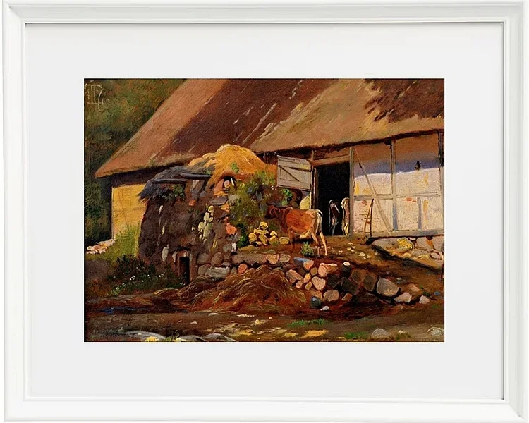 Johan Lundbye – Außerhalb des Kuhstalls 1847 | Giclée Kunstdruck gerahmt