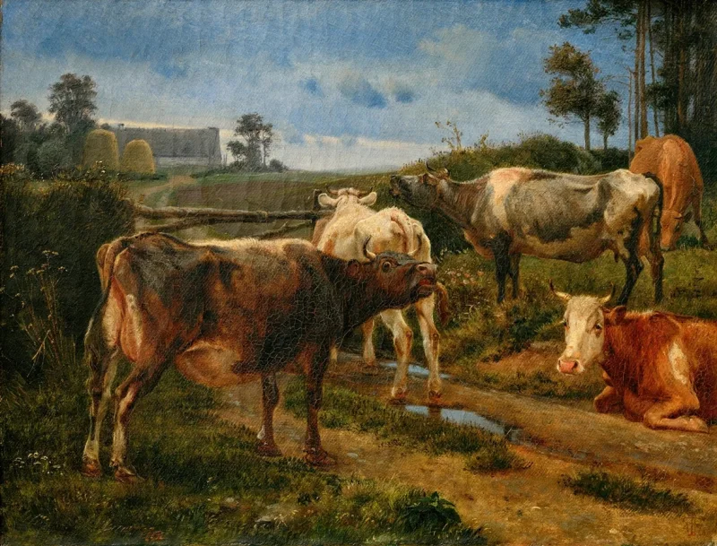 Johan Lundbye – Brüllende Kühe am Zauntor 1847 | Giclée Kunstdruck gerahmt