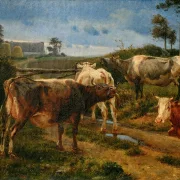 Johan Lundbye – Brüllende Kühe am Zauntor 1847 | Giclée Kunstdruck gerahmt