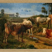 Johan Lundbye – Brüllende Kühe am Zauntor 1847 | Giclée Kunstdruck gerahmt