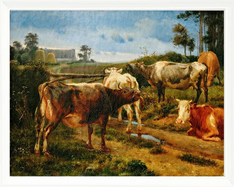 Johan Lundbye – Brüllende Kühe am Zauntor 1847 | Giclée Kunstdruck gerahmt