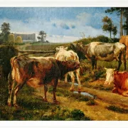 Johan Lundbye – Brüllende Kühe am Zauntor 1847 | Giclée Kunstdruck gerahmt