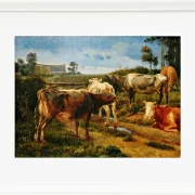 Johan Lundbye – Brüllende Kühe am Zauntor 1847 | Giclée Kunstdruck gerahmt